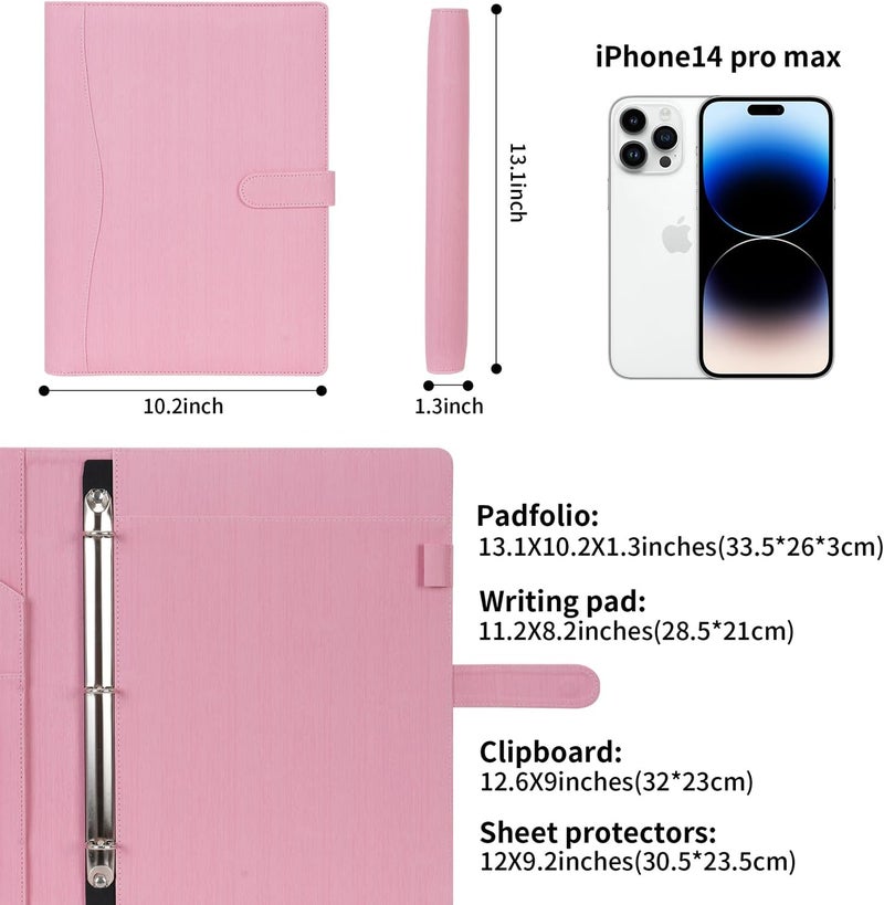 WONDERPOOL A4 PU Leather Portfolio Holder Ring File Document Case with Removable Binder Clipboard, Multi Pocket and Legal Pad for Business Organizer Interview and Meeting (Pink) - Image 2
